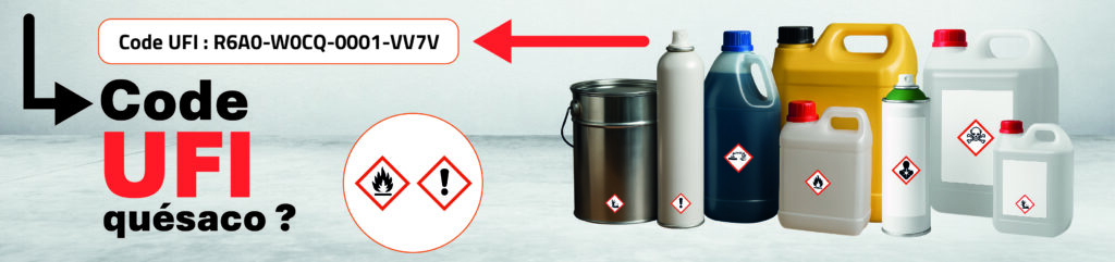 Récipients, bidons, flacons de produits chimiques avec code UFI