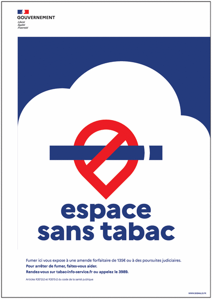 Panneau indiquant l'interdiction de fumer dans une zone, avec le message "Espace sans tabac"