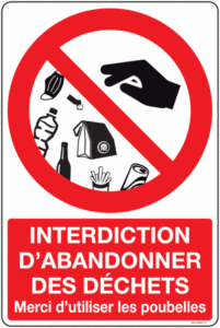 Panneau d'avertissement contre l'abandon de déchets avec pictogramme